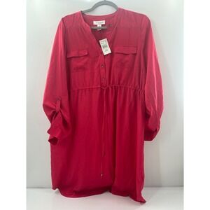 Motherhood Maternity Pink Button Front Drawstring Waist Roll Tab Dress XL NWT